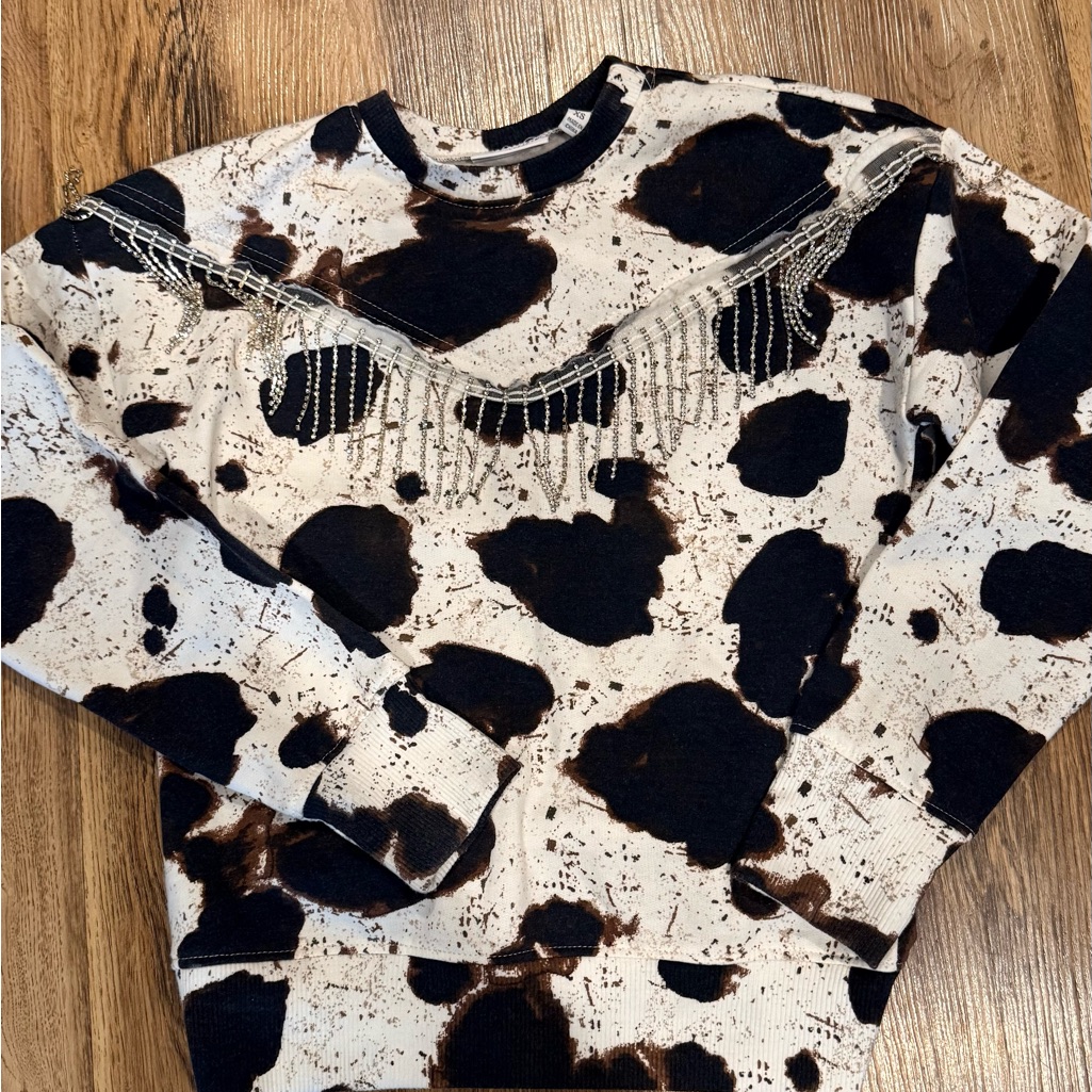 Youth Cow Print Fringe Sweater From Buckle